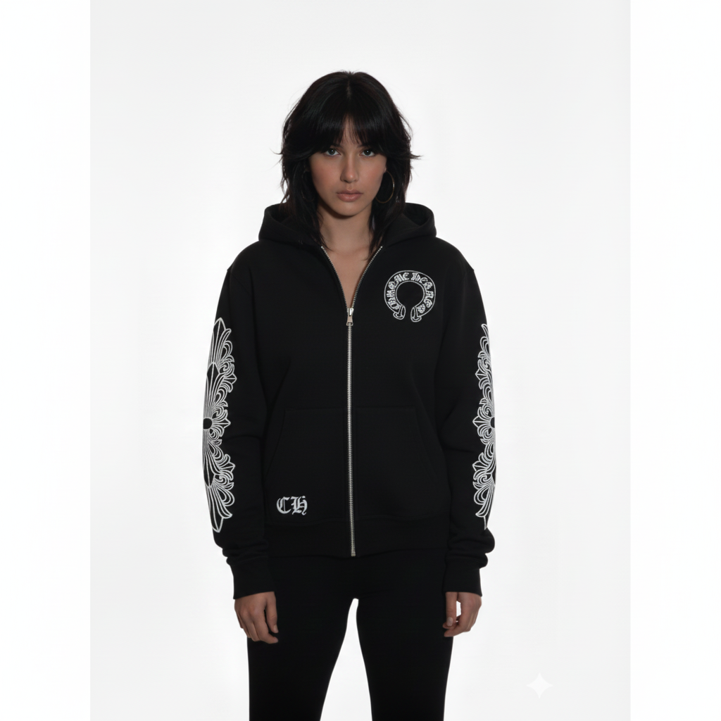 Chrome Hearts horseshoe floral cross-sleeve zip up hoodie
